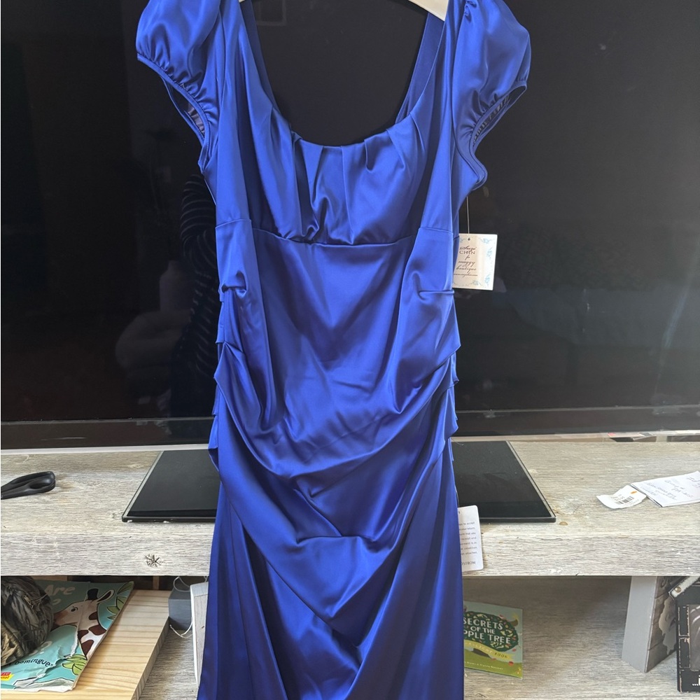Suzi Chin for Maggy Boutique Cobalt Blue Satin Ruched Midi Dress - Picture 5 of 10